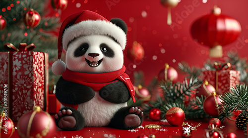 cute panda wearing christmas cap on gold background banner for chinese new year