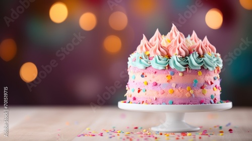  a pink and blue cake with sprinkles on top of a white cake plate on a wooden table.