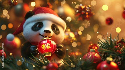 cute panda wearing christmas cap on gold background banner for chinese new year
