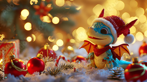 cute 3d dragon on christmas background with place for tex banner for chinese new year