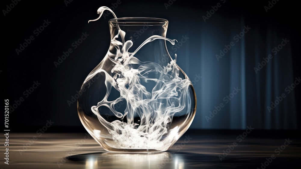 a glass vase filled with white liquid on top of a wooden table next to a curtained window with a curtained window behind it. a glass vase filled with white liquid on top of a wooden table next to a curtained window with a curtained window behind it.