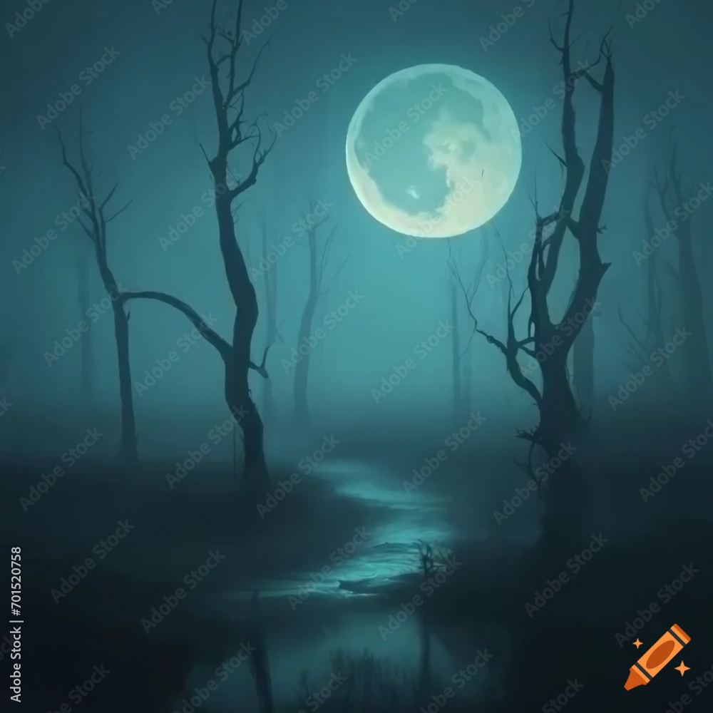 A desolate, moonlit landscape shrouded in mist, with gnarled, skeletal trees, casting elongated shadows amidst eerie, flickering lights, evokes an unsettling and hauntingly beautiful nocturnal scene A desolate, moonlit landscape shrouded in mist, with gnarled, skeletal trees, casting elongated shadows amidst eerie, flickering lights, evokes an unsettling and hauntingly beautiful nocturnal scene