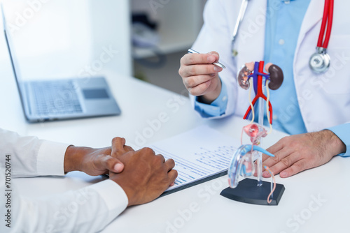 Foto close-up of male patient consultation with doctor, explaining model of reproductive system, possibly discussing prostate cancer, cystitis, or urinary tract infection