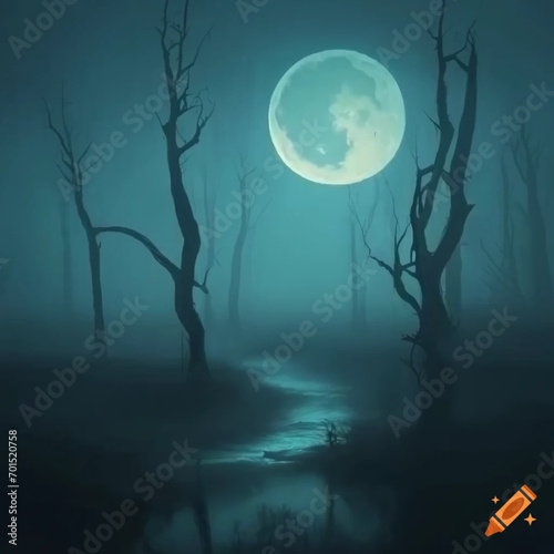 A desolate, moonlit landscape shrouded in mist, with gnarled, skeletal trees, casting elongated shadows amidst eerie, flickering lights, evokes an unsettling and hauntingly beautiful nocturnal scene