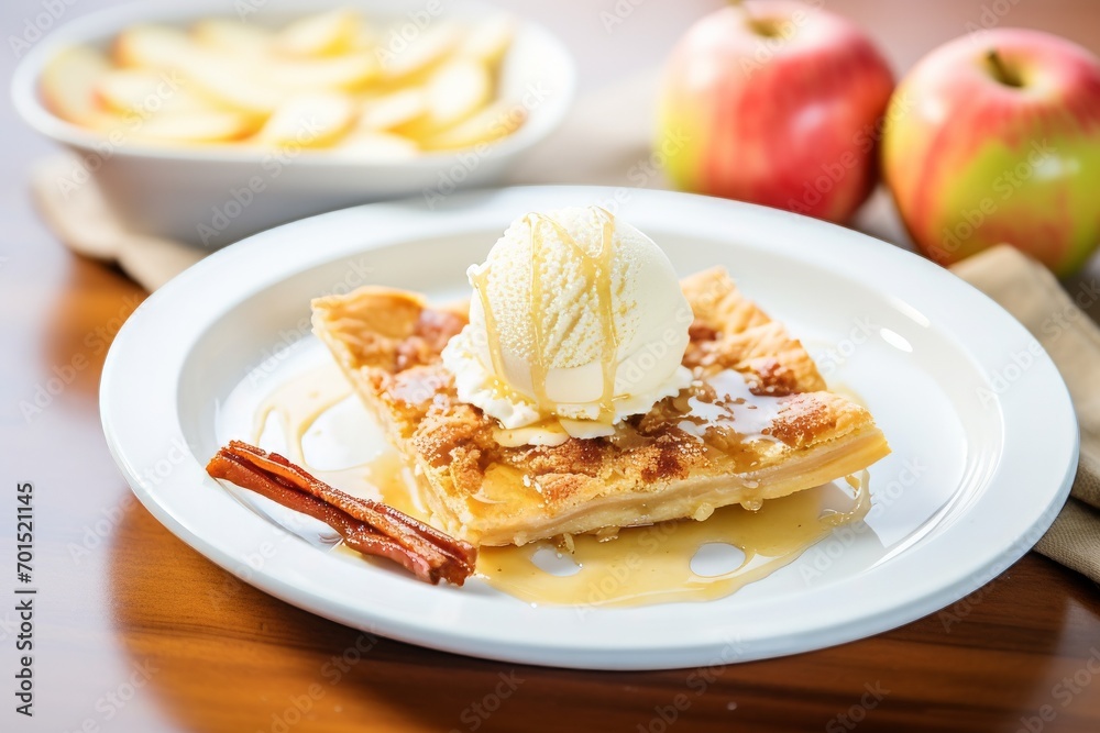 A delicious piece of apple pie served with a scoop of vanilla ice cream. A delicious piece of apple pie served with a scoop of vanilla ice cream.