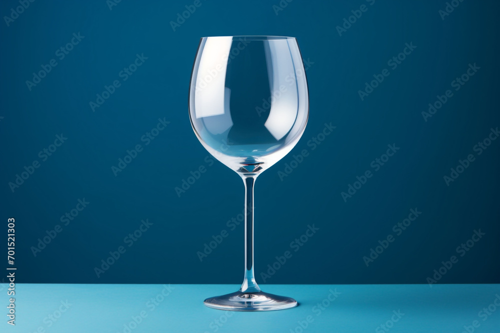 A single isolated wine glass on a blue surface reflecting the surroundings and background. Copy space. A single isolated wine glass on a blue surface reflecting the surroundings and background. Copy space.