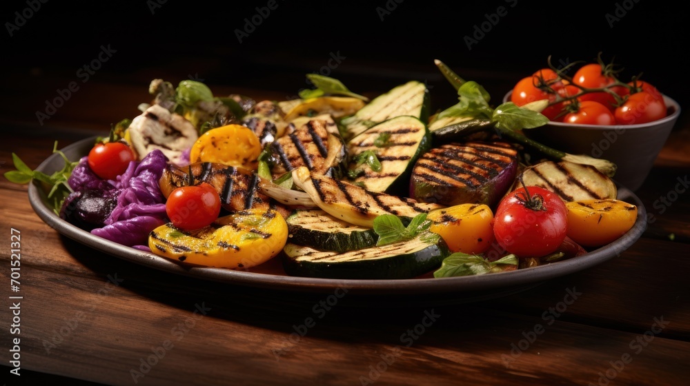  a plate of grilled vegetables and a bowl of salad on a wooden table with a dark backround.