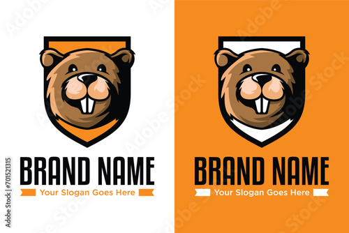 modern beaver head cartoon mascot with shield illustration logo design photo