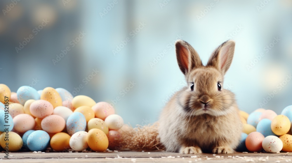 a rabbit sitting in front of a pile of eggs and a pile of chocolate eggs on a table with a blurry background. a rabbit sitting in front of a pile of eggs and a pile of chocolate eggs on a table with a blurry background.