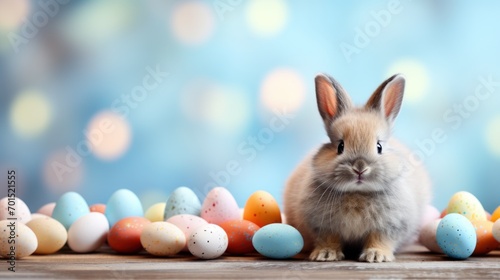  a rabbit sitting in front of a group of colored eggs on a wooden table with boke of blurry boke boke boke boke boke boke boke boke boke bokes in the background.