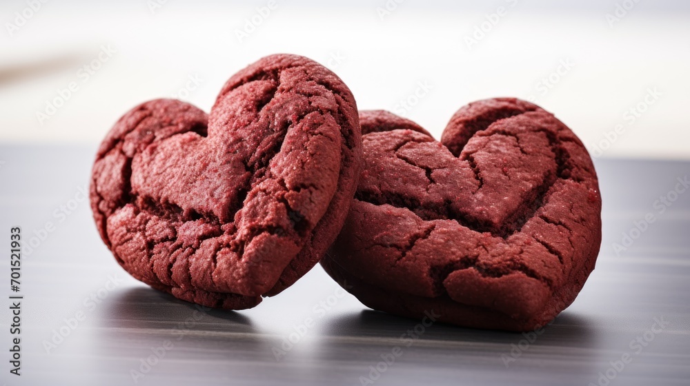 a close up of two heart shaped cookies on a table with a blurry backround in the background. a close up of two heart shaped cookies on a table with a blurry backround in the background.