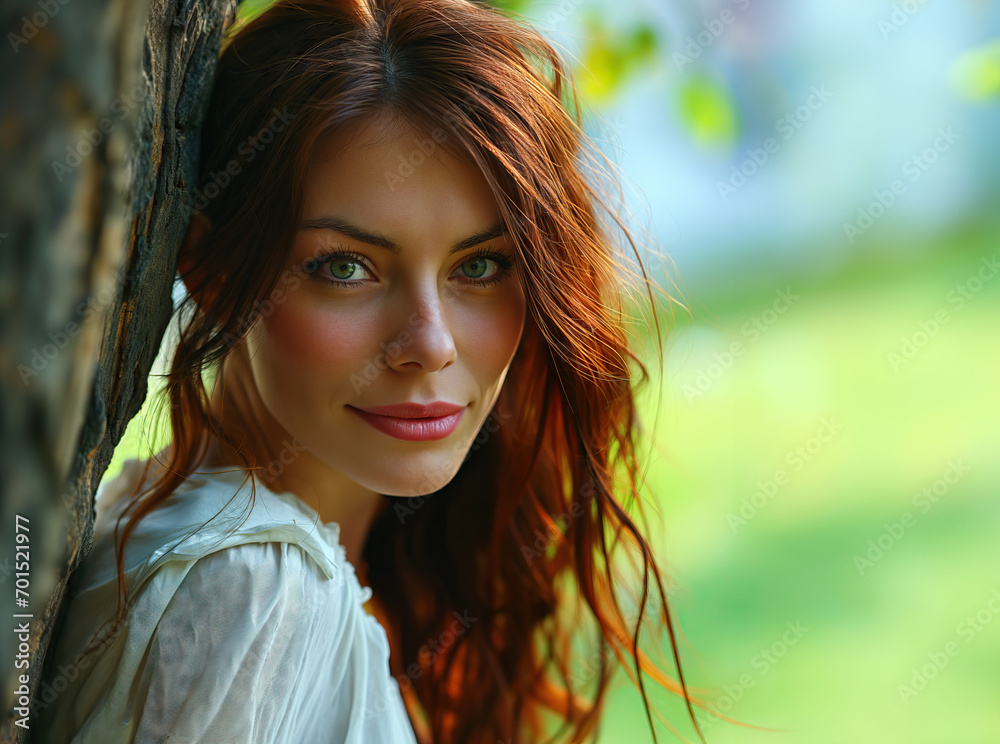 Young Attractive Woman Standing by a Tree Looking into the Camera Young Attractive Woman Standing by a Tree Looking into the Camera