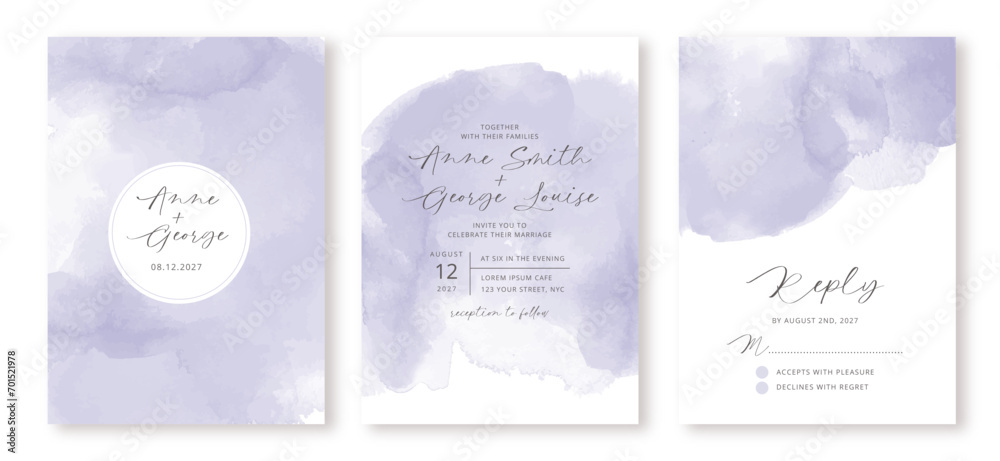 wedding invitation set with soft purple abstract background