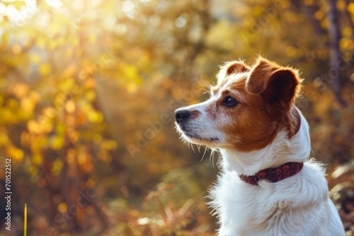 Dog with a red collar looking intently, with golden autumn leaves in the background.