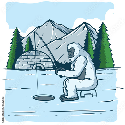 A yeti fishing at the frozen river