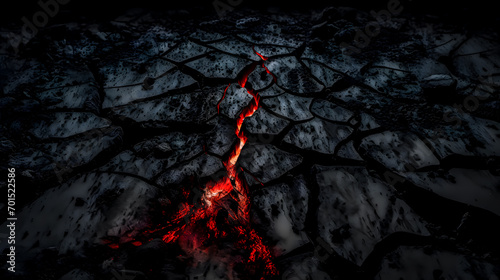 Terre noire craquelée et lave en fusion de volcan
