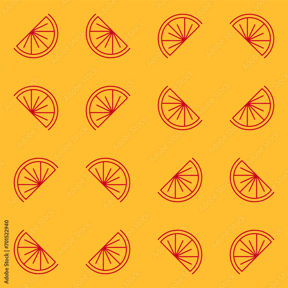 Seamless pattern with orange slice outline simple icon. Spice linear style logotype ornament. Coffee, tea, lemonade drink with spices symbol. Orange on yellow background silhouette. Vector design elem Seamless pattern with orange slice outline simple icon. Spice linear style logotype ornament. Coffee, tea, lemonade drink with spices symbol. Orange on yellow background silhouette. Vector design elem