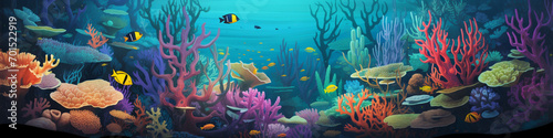 An underwater scene made entirely of colorful shapes resembling sea life. photo