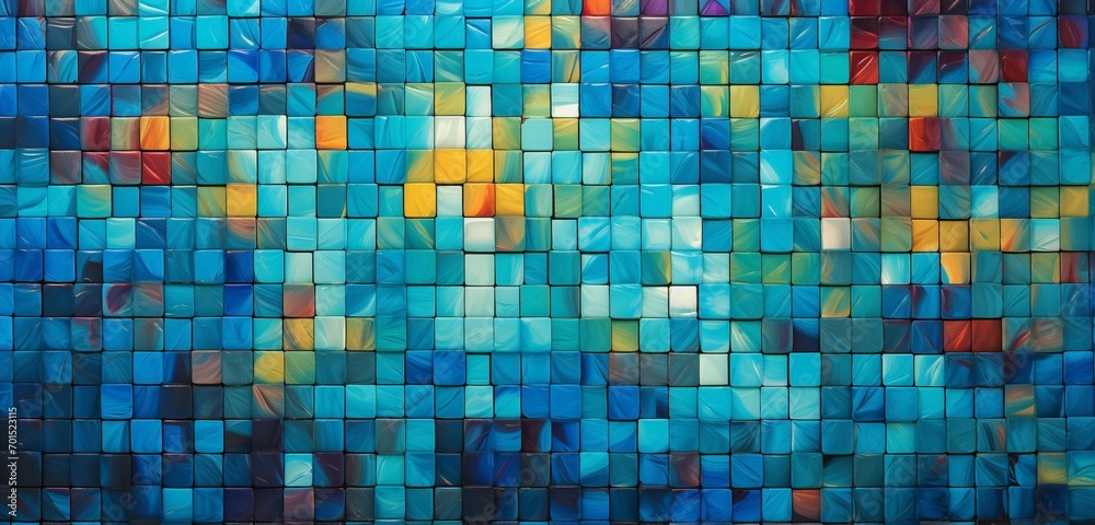 An artistic 3D abstract mosaic composition showcasing a richly textured blend of vibrant colors against a vivid turquoise backdrop.