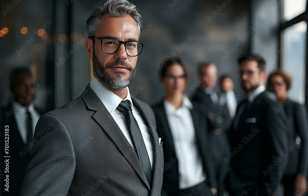 A handsome senior executive in a power suit confidently leading a diverse team A handsome senior executive in a power suit confidently leading a diverse team