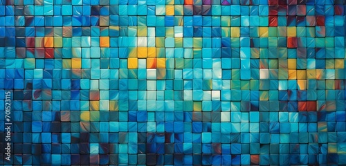 An artistic 3D abstract mosaic composition showcasing a richly textured blend of vibrant colors against a vivid turquoise backdrop.