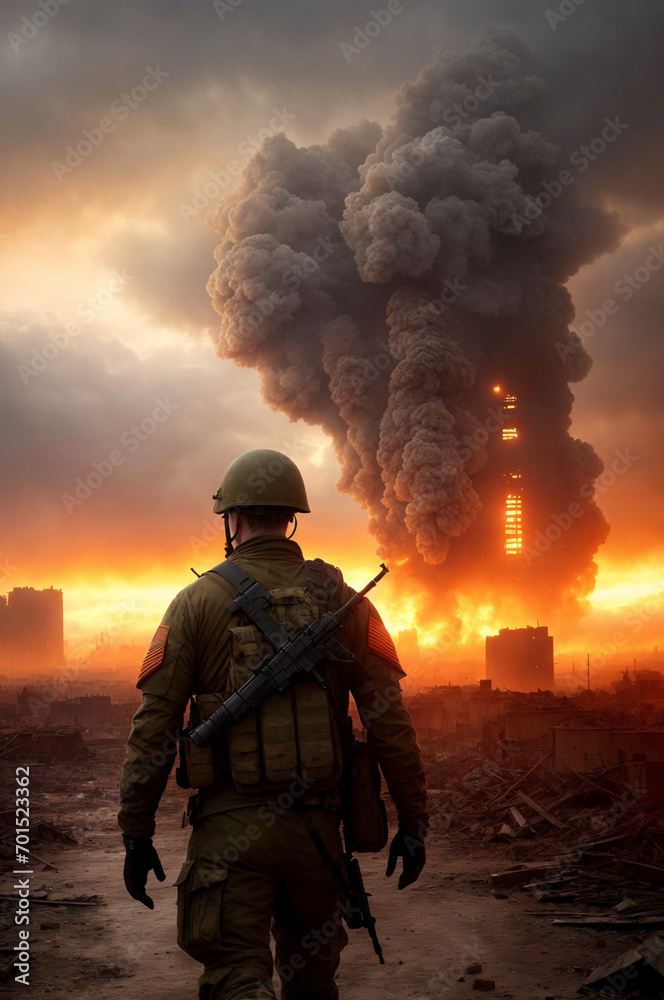 a soldier in front of a burning city