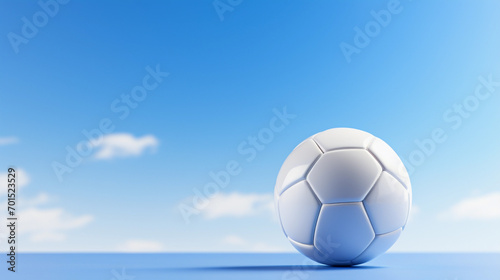 White soccer ball on a blue background with copy space.