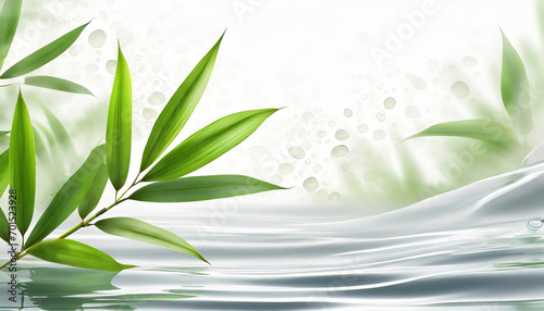 spa background banner with green bamboo leaf on white transparent water wave in sunlight, concept with copy space for travel, cosmetics and beauty care © Janis2024