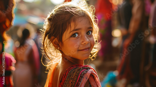 Young Indian girl in a traditional dress, looking back over shoulder during a festival.