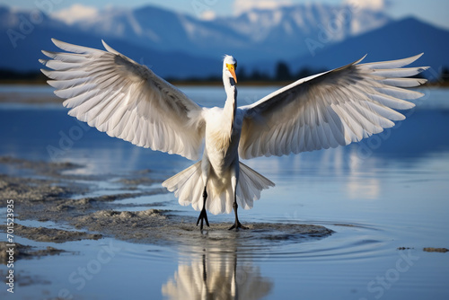 Great egret with wings spread landing on tranquil water with mountain backdrop. photo