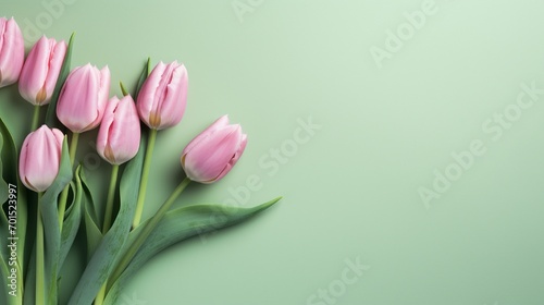 Pink tulip blooms with copy space on the side of a pastel on green background