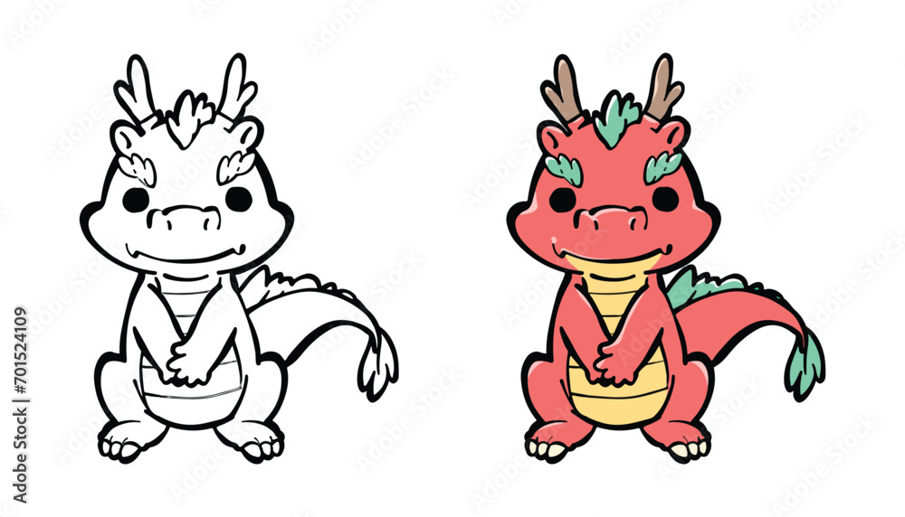Cute dragon cartoon illustration. cute character design. Baby dragon monster cartoon coloring page. Vector illustration. Cute dragon cartoon illustration. cute character design. Baby dragon monster cartoon coloring page. Vector illustration.
