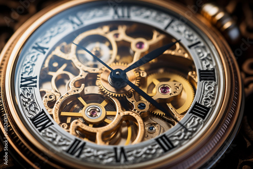 Close-up of an intricate vintage pocket watch mechanism with exposed gears and a golden finish.