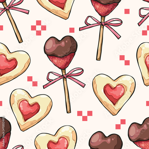 Seamless pattern of Valentine desserts, strawberry dipped chocolate and  heart jam cookies background, Pattern for design wallpaper, gift wrap paper and fashion prints.