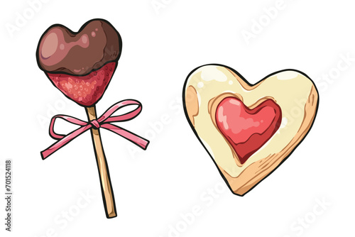 Valentine Desserts Illustration. Chocolate Dipped Strawberries. Heart shaped jam cookies. Vector illustration.