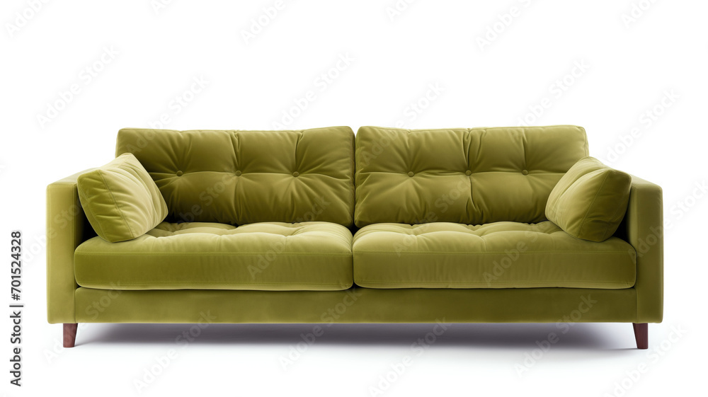Design of a soft sofa with pillows on a white background. Velvet upholstery with khaki studs. Interior element, furniture production and sale. Catalog with furniture on the website. Design of a soft sofa with pillows on a white background. Velvet upholstery with khaki studs. Interior element, furniture production and sale. Catalog with furniture on the website.