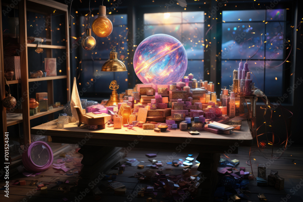 Naklejka premium A cosmic-themed gift wrapping station with shimmering paper and celestial ribbons for creating personalized gifts. Generative Ai.