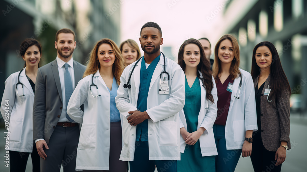 Portrait of a group of doctors and nurses in uniforms outside a medical office. Portrait of a group of doctors and nurses in uniforms outside a medical office.