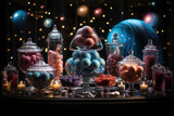 A cosmic-themed dessert table featuring star-shaped treats and galaxy-inspired sweets for a sweet celebration. Generative Ai.