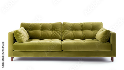 Design of a soft sofa with pillows on a white background. Velvet upholstery with khaki studs. Interior element, furniture production and sale. Catalog with furniture on the website.