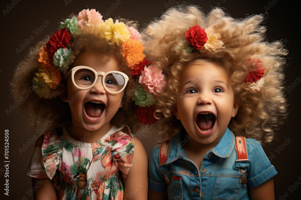 Adorable tots sporting hilarious hair accessories, their giggles filling the air with infectious happiness. Generative Ai. Adorable tots sporting hilarious hair accessories, their giggles filling the air with infectious happiness. Generative Ai.