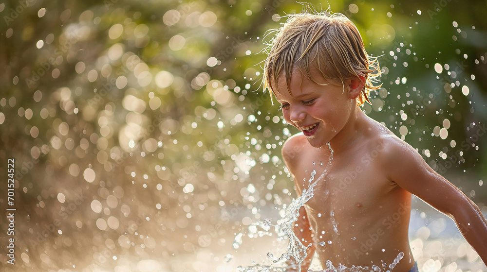 Young boy splashing in water on a hot summer day. Young boy splashing in water on a hot summer day.