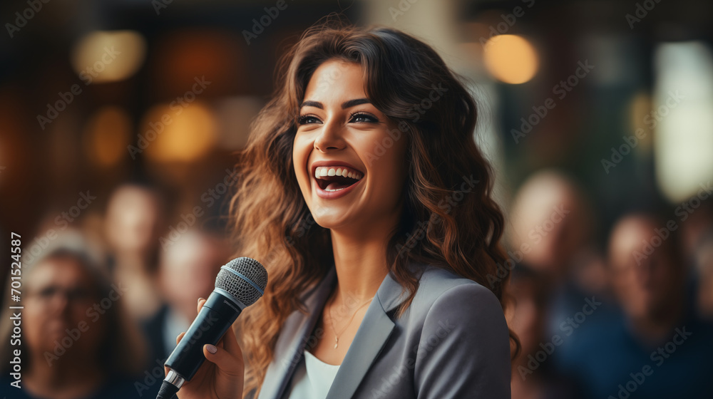 Woman giving a speech with microphone in front of her at a conference. Woman giving a speech with microphone in front of her at a conference.