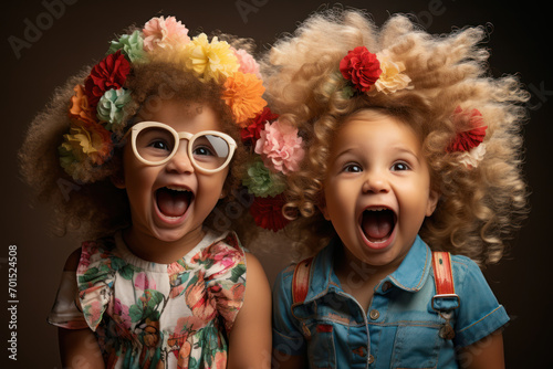 Adorable tots sporting hilarious hair accessories  their giggles filling the air with infectious happiness. Generative Ai.