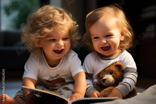 Baby pals sharing a moment of laughter over a funny storybook, fostering a love for literature from an early age. Generative Ai.