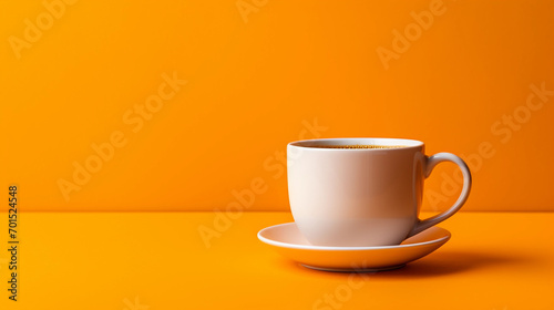 White coffee cup on saucer against vibrant orange background with copy space.