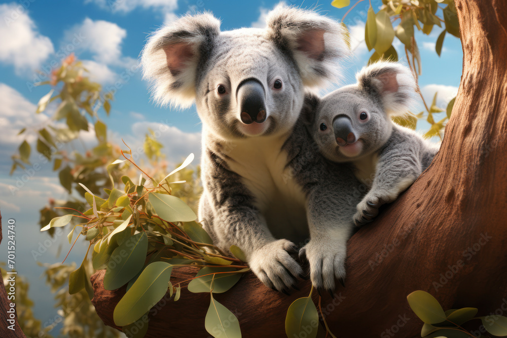 Obraz premium Koalas perched in eucalyptus trees, embodying Australia's unique and beloved marsupials. Generative Ai.