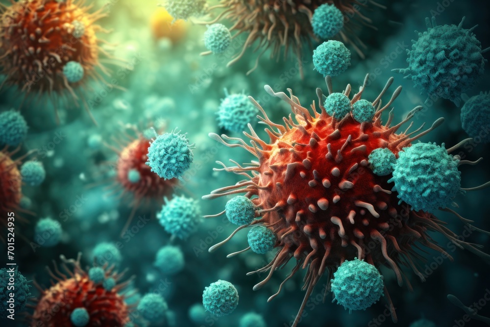 Microscopic image of a pink virus with spikes on a blue background, medical illustration Microscopic image of a pink virus with spikes on a blue background, medical illustration