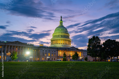 Capitol building at night, Capitol Hill, Washington DC. Photo of Capitol Hill landmarks.