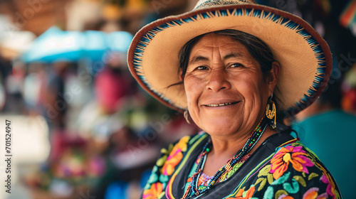 Mexican middle aged woman in traditional clothes and hat outdoors.